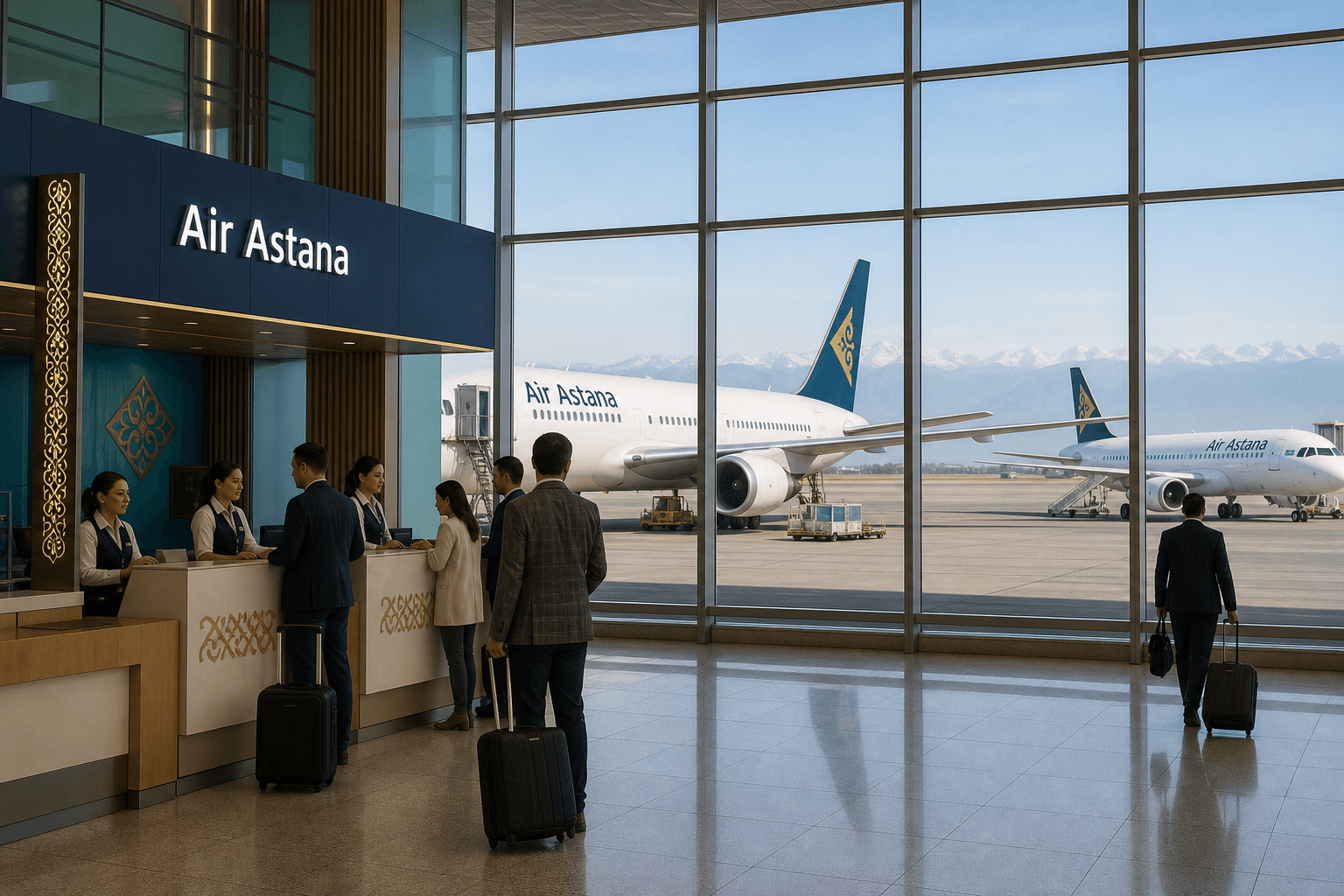 Sảnh và nhân viên phục vụ Air Astana