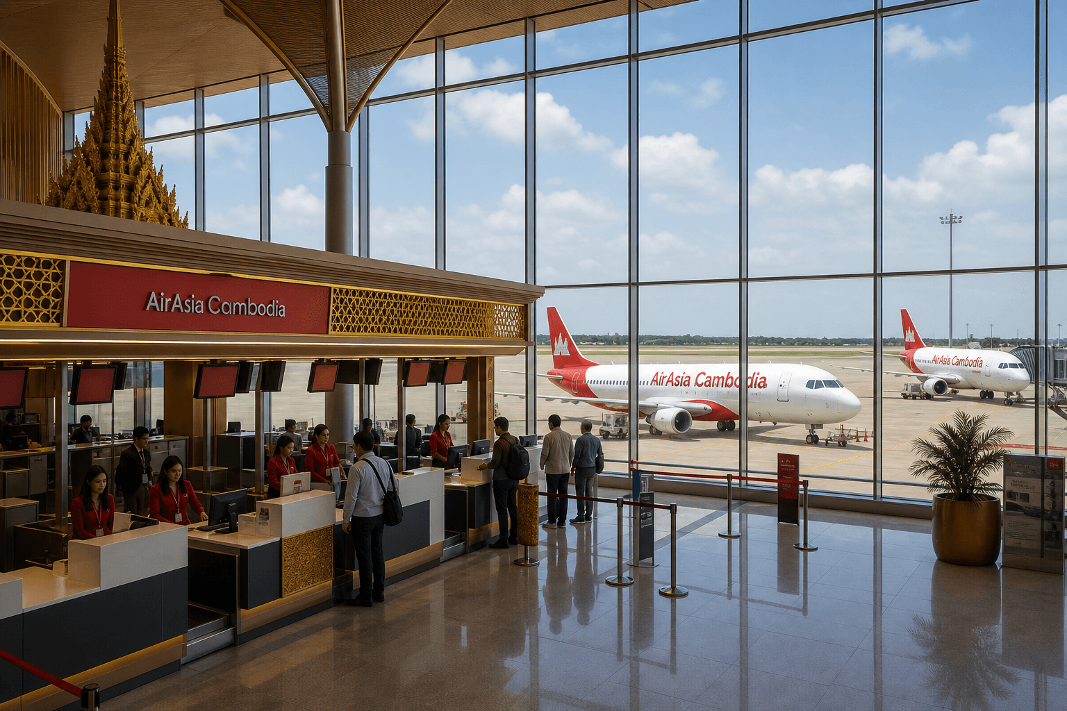 Sảnh và nhân viên phục vụ Airasia Cambodia