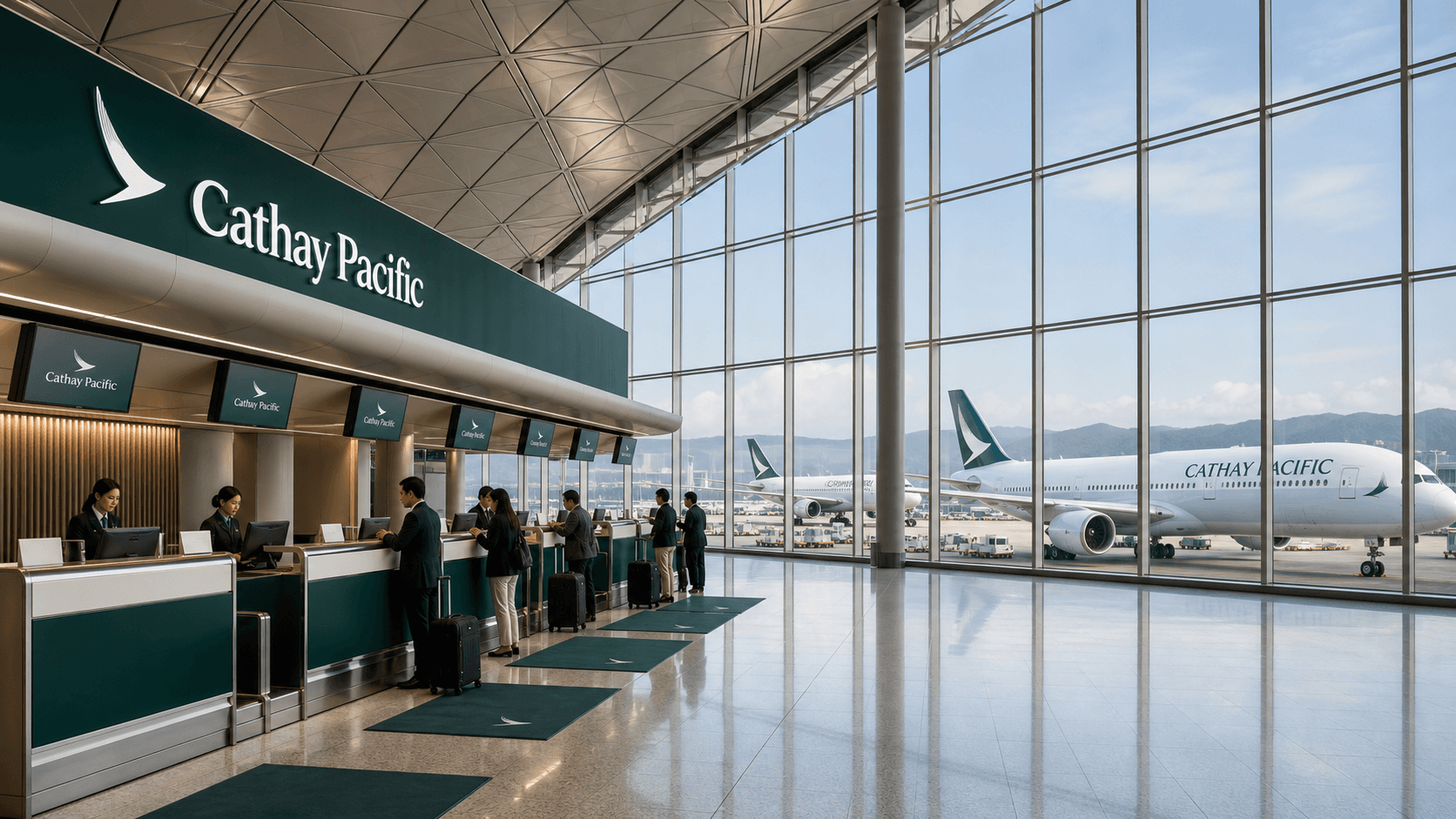 Sảnh và nhân viên phục vụ Cathay Pacific
