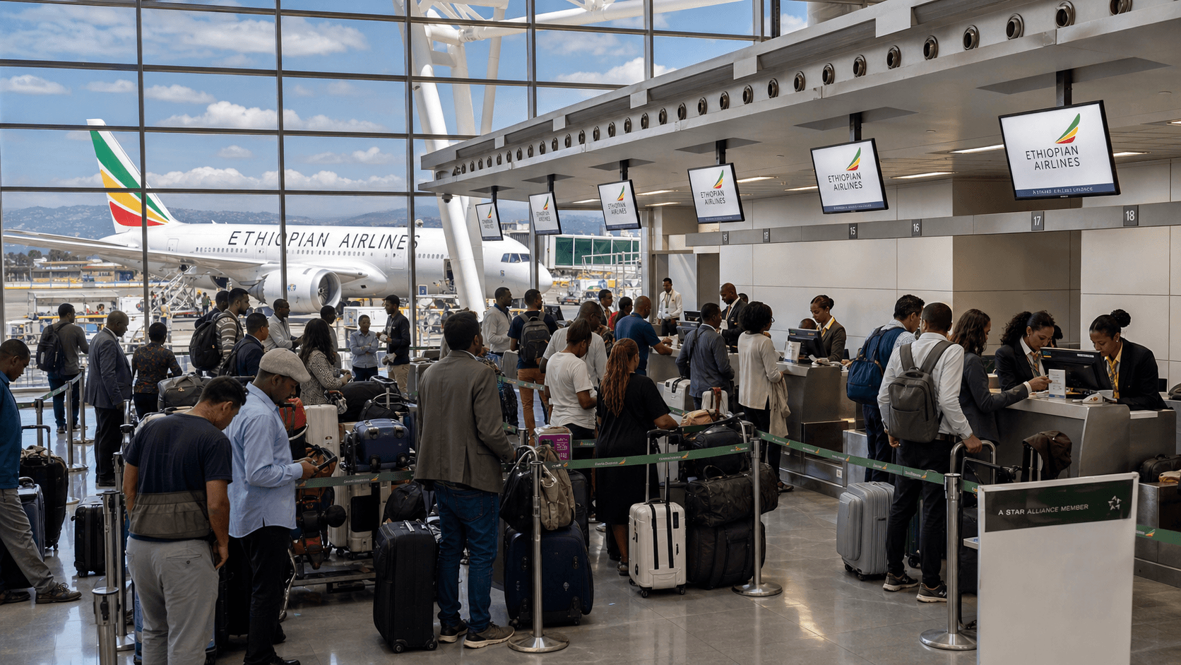 Sảnh và nhân viên phục vụ Ethiopian Airlines
