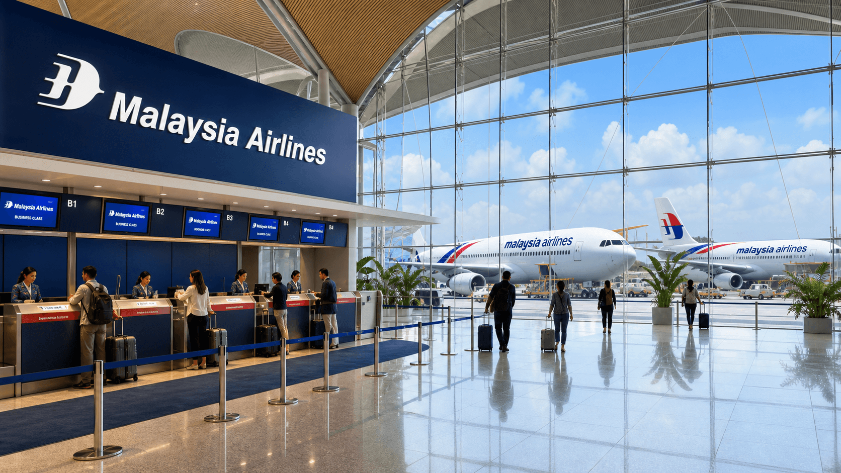 Sảnh và nhân viên phục vụ Malaysia Airlines