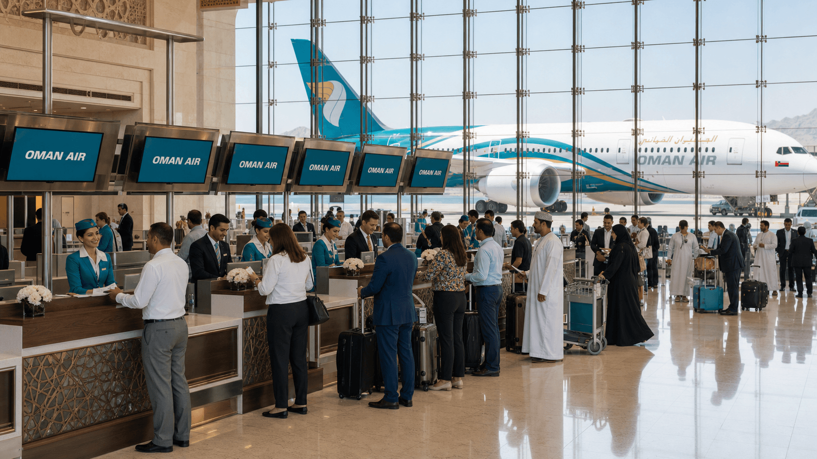 Sảnh và nhân viên phục vụ Oman Air