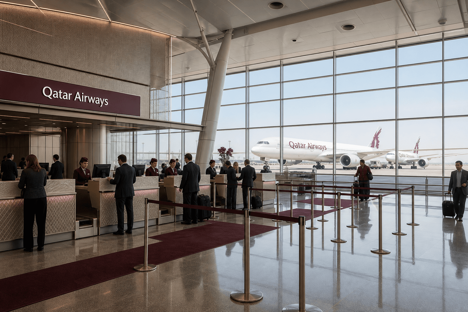 Sảnh và nhân viên phục vụ Qatar Airways