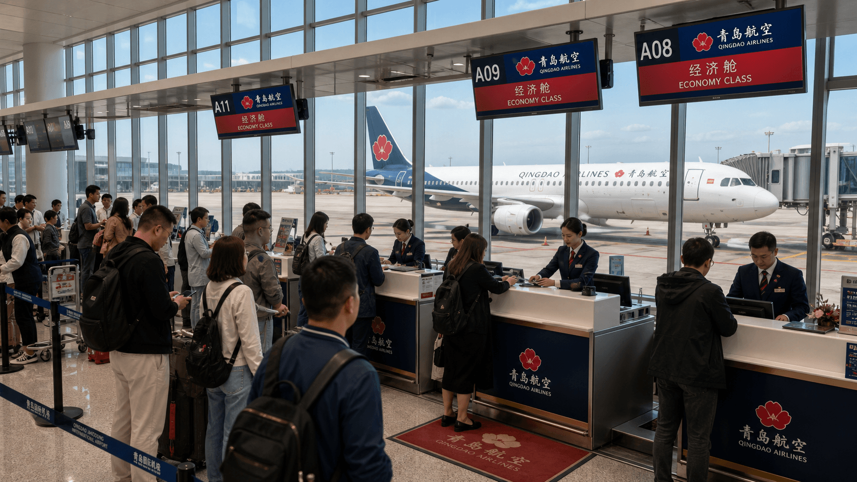 Sảnh và nhân viên phục vụ Qingdao Airlines