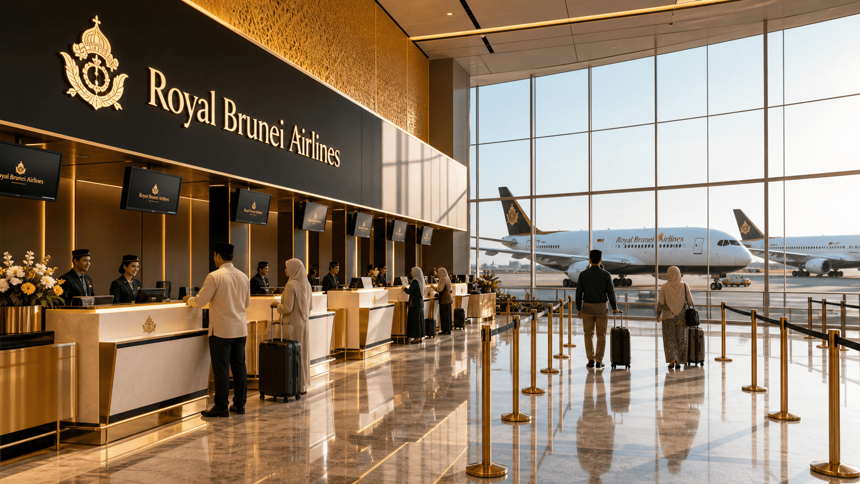 Sảnh và nhân viên phục vụ Royal Brunei Airlines