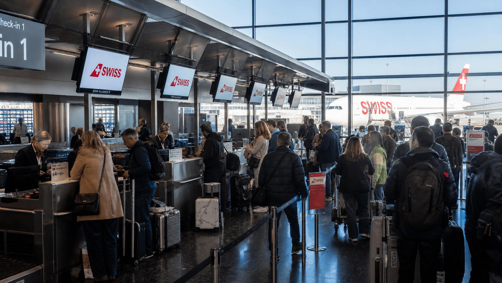 Sảnh và nhân viên phục vụ SWISS International Air Lines