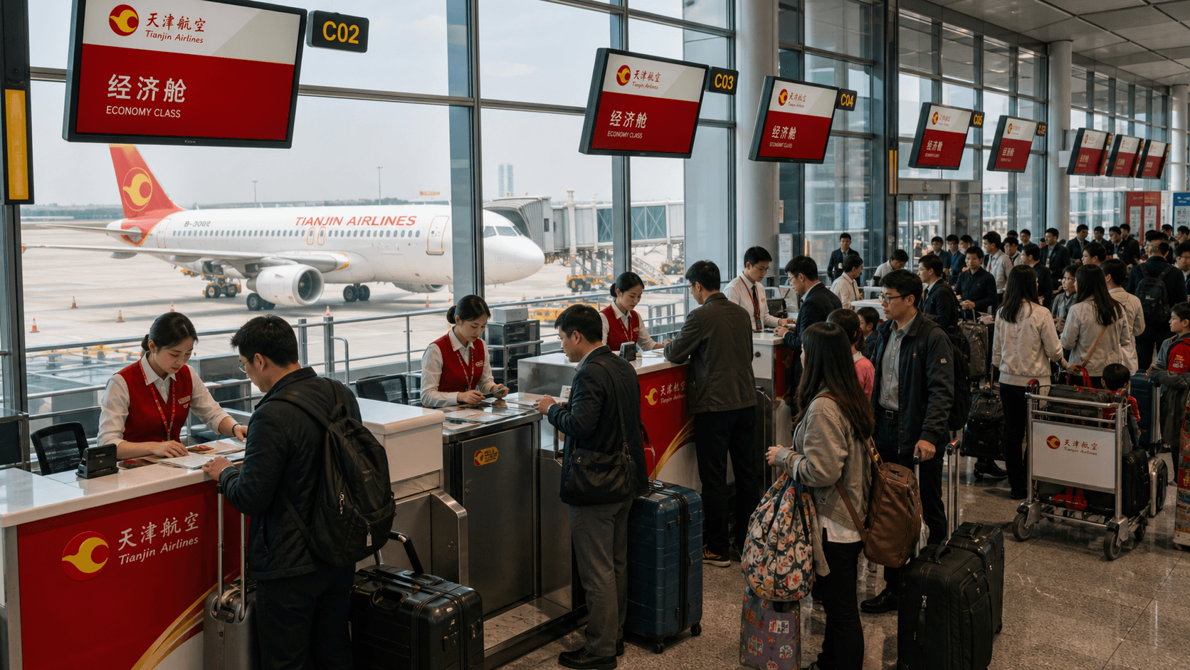 Sảnh và nhân viên phục vụ Tianjin Airlines