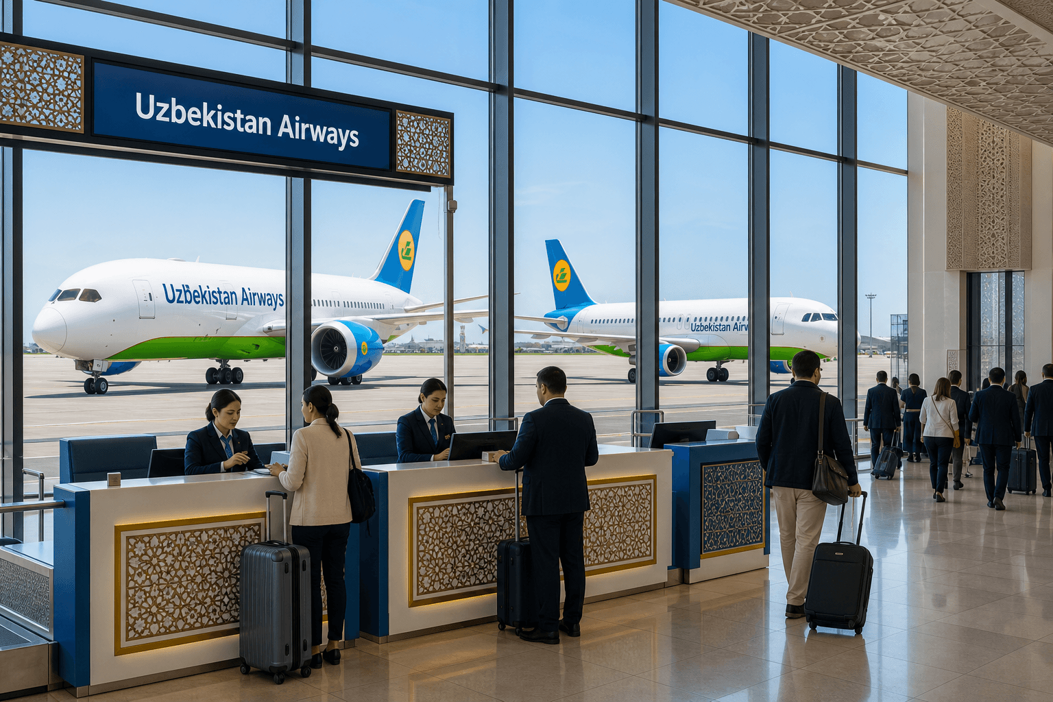 Sảnh và nhân viên phục vụ Uzbekistan Airways